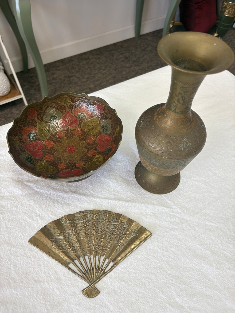 3pc Vintage Brass Collection: Engraved Pedestal Vase, Enameled bowl, Decor Fan
